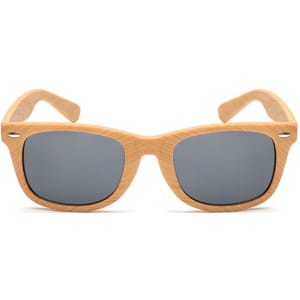 Wood-like sunglasses with grey lenses featuring a natural wood finish and a logo on the side.