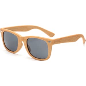 Wood-like sunglasses featuring a light brown frame and dark lenses, with a logo on the side.