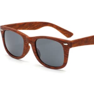 Wood-like sunglasses with dark lenses and a rich brown frame, featuring a logo on the side.