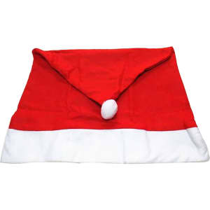 A festive red and white Christmas chair cover with a pointed top and a fluffy pom-pom. Features a logo.