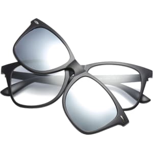 A pair of black Polaroid sunglasses with mirrored lenses, featuring a sleek design and logo detailing.