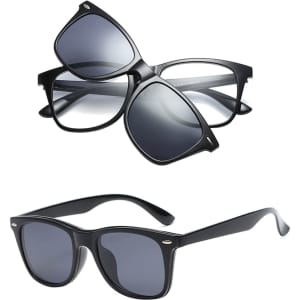 Two pairs of black sunglasses displayed, one atop the other, featuring dark lenses and a sleek design.