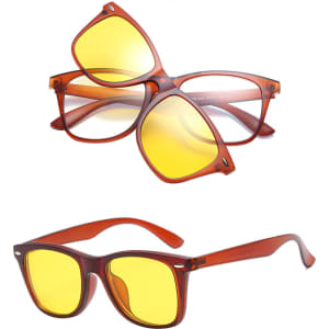 A pair of Polaroid sunglasses in a reddish-brown frame with yellow lenses, featuring a logo on the side.