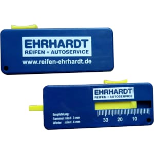 A blue plastic tire gauge featuring a yellow indicator, with a logo and measurement markings.