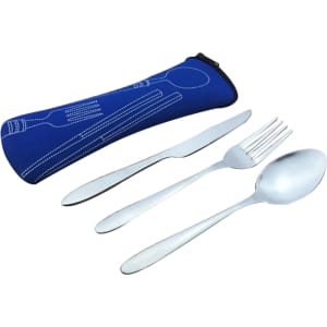 A portable cutlery set featuring a silver fork, knife, and spoon, housed in a blue neoprene case with utensil designs.