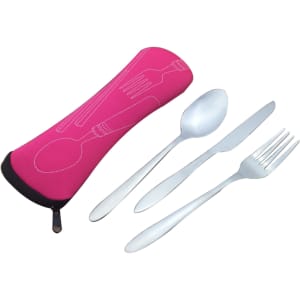 A portable cutlery set in silver, featuring a spoon, fork, and knife, packaged in a pink neoprene case.