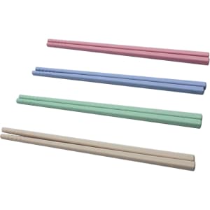 Four pairs of environmentally friendly chopsticks in pink, blue, green, and beige, featuring a textured grip.