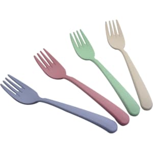 A set of four environmental protective forks in pastel colours: lavender, pink, green, and cream, with a sleek design.