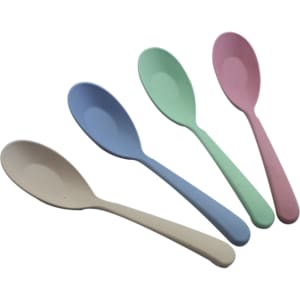 Four eco-friendly spoons in pastel colours: pink, green, blue, and beige. Each spoon features a simple design.