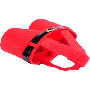 A festive red candy bag designed like Santa pants, featuring a black belt for added charm.