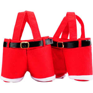 A pair of bright red Santa pants candy bags with black belts and white trim, featuring shoulder straps.