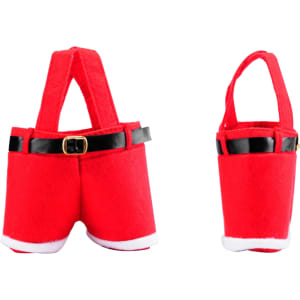 A red felt candy bag shaped like Santa's pants, with black belt detailing and white trim. Features a logo.