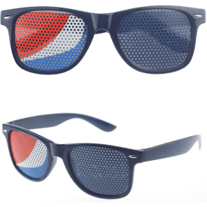 Novelty pinhole eyeglasses featuring a blue frame with red and white patterned lenses. Logo present on the design.