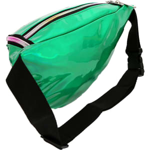 An iridescent green fanny pack with a black strap and multiple zippered compartments. Features a logo.