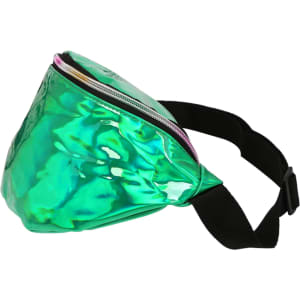 A green iridescent fanny pack with a zip closure and an adjustable strap, featuring a logo.