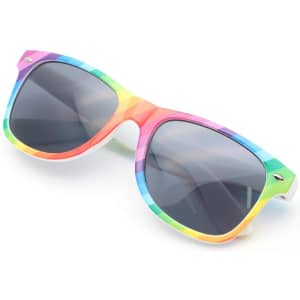 Rainbow sunglasses with a geometric pattern featuring vibrant colours and dark lenses. The frames have a logo.