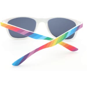 Rainbow sunglasses with white frames and multicoloured arms in shades of pink, blue, green, and yellow.