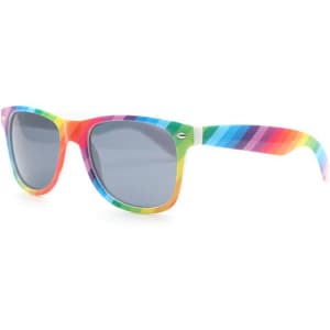 Rainbow sunglasses with a multicoloured striped frame and grey lenses. The design features a playful and vibrant colour scheme.