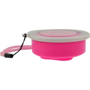 A pink portable silicone cup with a clear lid and a strap, designed for travel use.