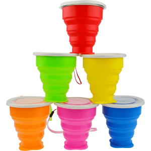 A stack of six collapsible silicone travel cups in red, green, yellow, orange, pink, and blue, featuring lids and a logo.