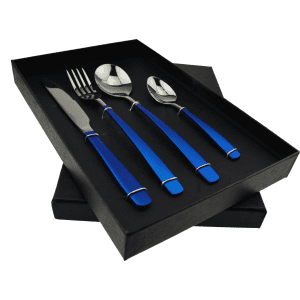 A blue 4-piece dinner cutlery set featuring a knife, fork, and two spoons, presented in a black box.