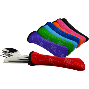 A cutlery set featuring four pieces, each with vibrant coloured covers in blue, green, pink, orange, and black.