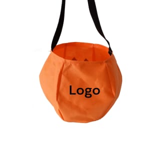 An orange bag with a rounded shape and a black strap, featuring a logo on the front.