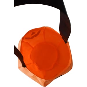 An orange pumpkin-shaped candy bag with a black handle, featuring a simple pumpkin face design.