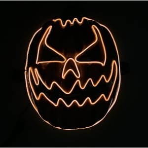 A glowing Halloween pumpkin mask with an eerie face design, featuring orange and black colours.