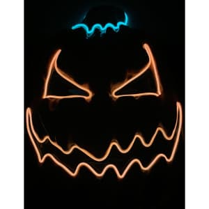 A Halloween pumpkin mask featuring glowing orange and blue accents, with a menacing expression.