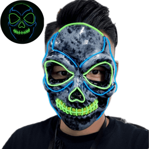 A skull mask in black with glowing green and blue outlines, featuring a menacing design and a logo on the side.