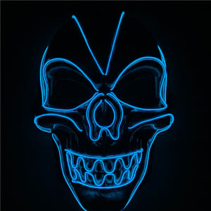 A black skull mask illuminated with blue neon lights, featuring detailed facial features and a glossy finish.