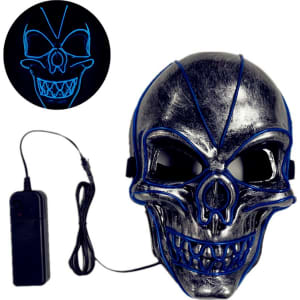 A skull-shaped mask in metallic silver with blue LED lights and a battery pack connected.