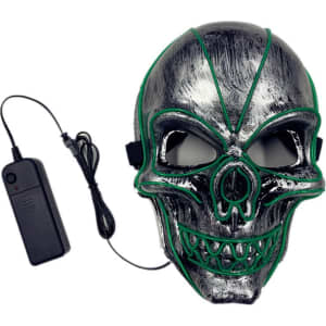 A silver skull mask with green detailing and a connected battery pack for lighting effects.