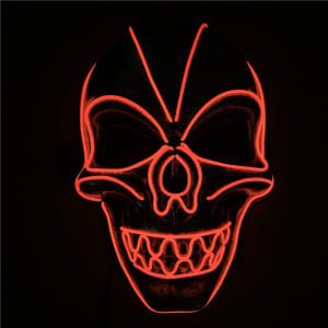 A skull mask with glowing red neon outlines against a dark background, featuring intricate detailing and a menacing grin.