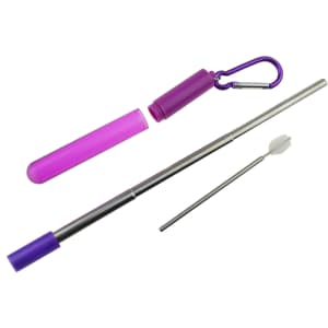 A foldable drinking straw in silver, with a purple carrying case and a straw brush, featuring a carabiner.