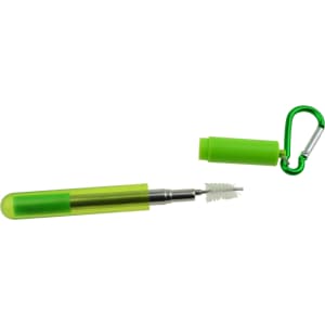 A green foldable drinking straw with a straw brush and a carabiner for attachment. The straw is partially extended.