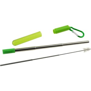 A foldable stainless steel drinking straw in silver, with a green carrying case and a straw brush. Includes a carabiner.