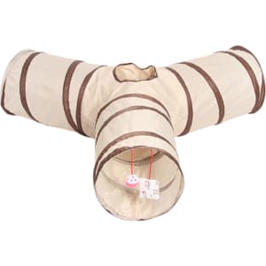 A cream and brown collapsible pet play tunnel tube with multiple entry points and a central opening.