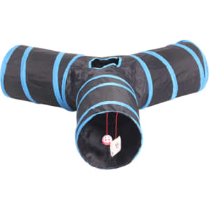 A collapsible pet play tunnel tube in black with blue stripes, featuring three openings and a small toy inside.