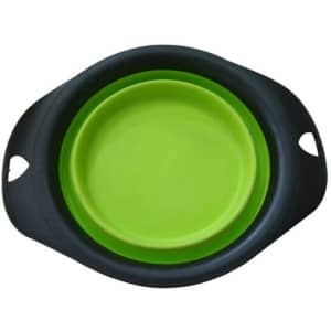 A green and black pet folding bowl with heart-shaped handles and a compact design. It features a smooth interior surface.