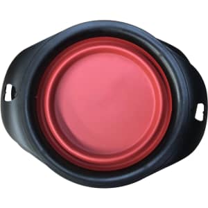 A pet folding bowl in black and red, featuring a smooth interior and handles for easy transport.