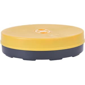 A yellow and grey telescopic stool with a round, flat design and an embedded logo on the top.