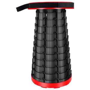 A telescopic stool in black and red, featuring a unique, expandable design and a carry strap.