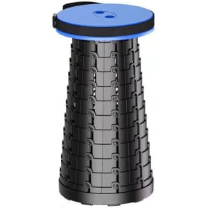 A telescopic stool in black with a blue top, featuring a sturdy, collapsible design and a handle for easy transport.