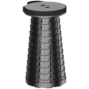 A black telescopic stool with a circular top and a textured, collapsible base. It features a logo.