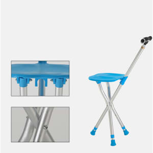 An adjustable cane stool with a blue seat and silver legs, featuring a handle for support.