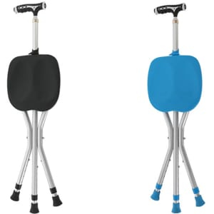 Adjustable cane stool in black and blue, featuring a sturdy seat and ergonomic handle for support.