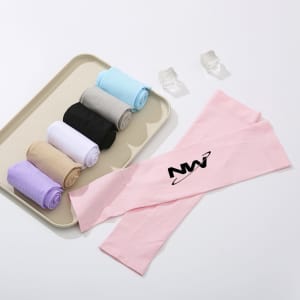 A set of Sunscreen Ice Silk Sleeves in various colours, including pink, purple, grey, blue, black, and beige. Features a logo.