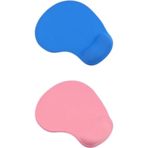 A blue and pink silicone mouse pad with a contoured wrist support, featuring a logo on the surface.